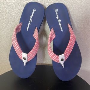Tommy Bahama Flip Flop Slippah Navy blue with pink stripes size 7.5